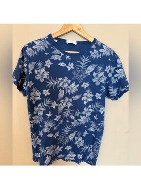 SELECTED HOMME Indigo Floral Print Shirt Size L Shnnathan Tee Blue White